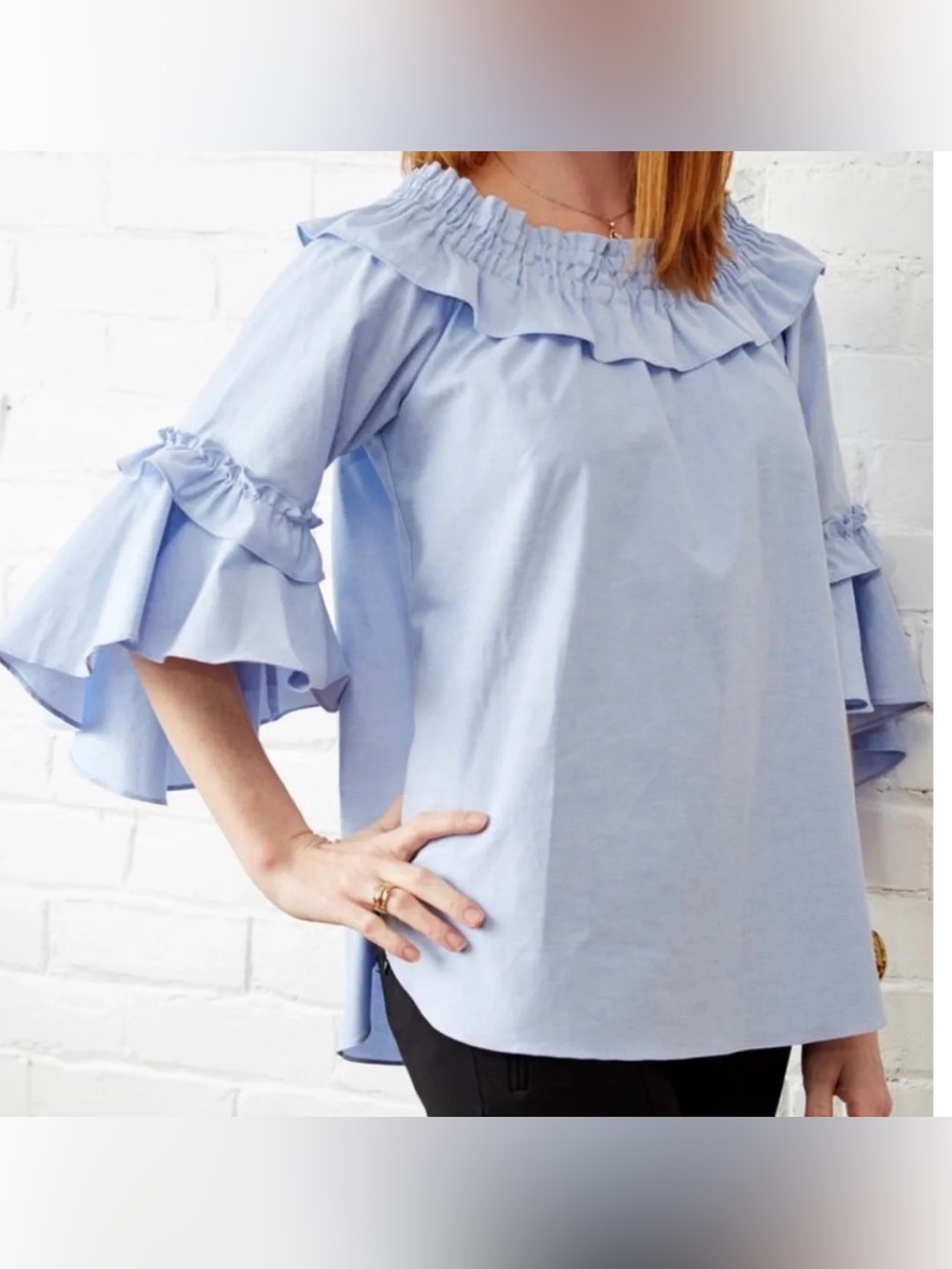 Sara Campbell Off-The-Shoulder Chambray Ruffle Blouse XS Cotton Cottage Preppy